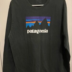 Patagonia Black Long Sleeve Logo Tee with Subtle Gray Print